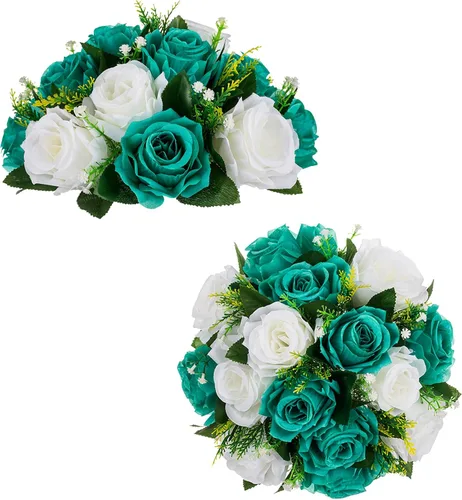 Miniatura 17 de BLOSMON Bolas de flores, centros de mesa de rosas de boda: 2 piezas de flores falsas carmesí decoración de bolas de besos Arreglos florales