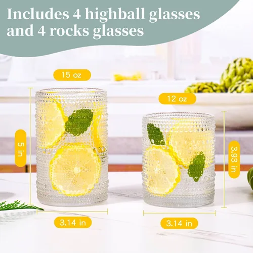 Miniatura 3 de Juego de 8 vasos para beber ámbar Hobnail de 15 onzas y vasos de cóctel de 12 onzas, vasos de cocina para cóctel, café helado, cerveza, té helado