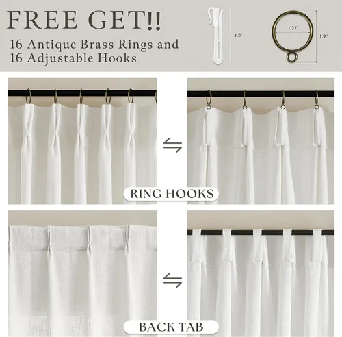 Miniatura 4 de TWODRAPES Cortinas de Lino Plisadas con Pinza Beige Blancas de 54 Pulgadas de Largo 2 Paneles para Comedor Cocina Dormitorio Plisadas Semi