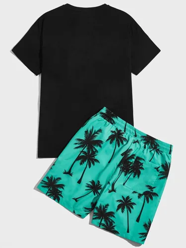Miniatura 2 de SOLY HUX Conjunto de 2 piezas para hombre con estampado gráfico de letras, camiseta de manga corta y pantalones cortos con cordón en la cintura