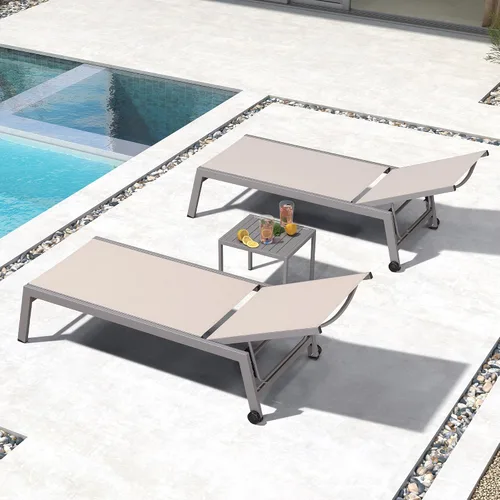 Miniatura 34 de PURPLE LEAF Juego de tumbonas para exteriores para 2 sillas de piscina de gran tamaño con ruedas fáciles de mover y respaldo ajustable, tumbonas