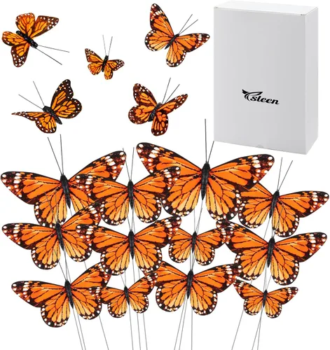Ysleen 24 piezas de decoración de mariposa monarca de plumas 3D, 4 tamaños, decoraciones de pared de mariposa, calcomanías artificiales falsas para