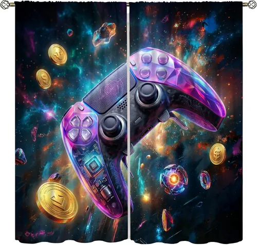Cortinas de juego Cool Space Galaxy Game Controller Tech Circuit Board Cosmic Rod Pocket Tratamientos de ventana para niños, dormitorio, habitación