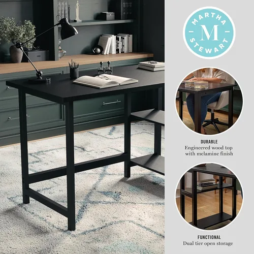 Miniatura 4 de Martha Stewart Beckett - Escritorio de caballete moderno con estantes laterales abiertos en acabado de grano de madera negra