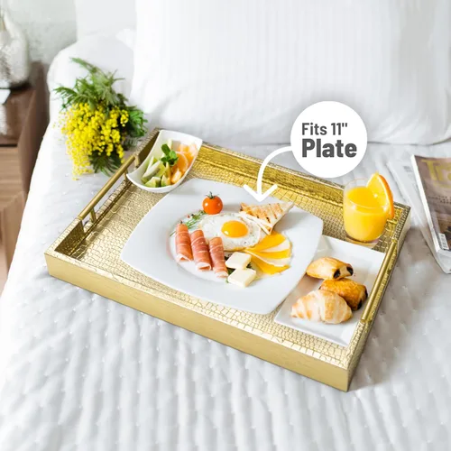 Miniatura 4 de ATZYmolin - Bandeja de servicio de madera de 17 x 12 pulgadas con asas de metal dorado pulido, bandeja decorativa rectangular de madera para el Oro
