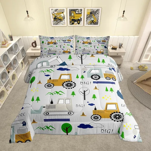 Miniatura 40 de Feelyou Juego de edredón de coche de dibujos animados para niños, edredón de construcción para niños, juego de ropa de cama de camiones y equipos