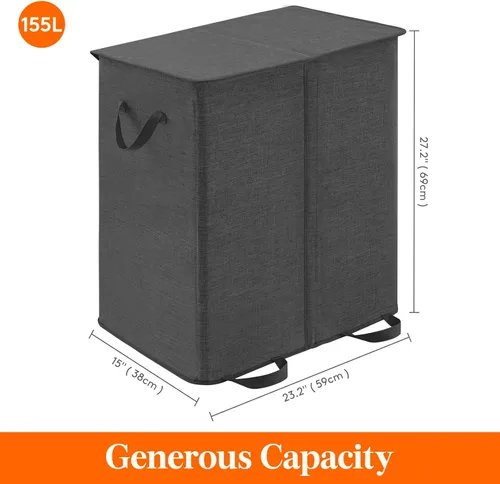 Miniatura 5 de Lifewit Cesta doble para ropa sucia con tapa y bolsas de lavandería extraíbles, gran plegable, 2 divisores, cesta de ropa sucia con asas para Negro