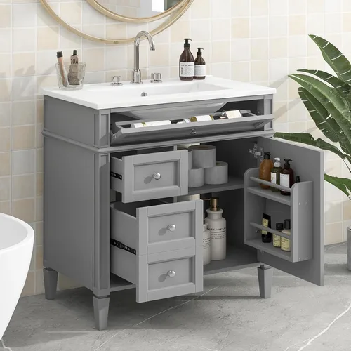 Miniatura 17 de Virubi Tocador de baño de 30 pulgadas con fregadero de cerámica, armario de almacenamiento independiente moderno con 1 puerta, 2 cajones y cajón Azul