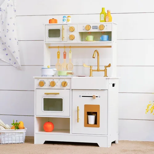 Cocina de juego de madera para niños con máquina de hielo: pequeño juego de cocina de simulación blanco con fregadero, estufa, horno y microondas,