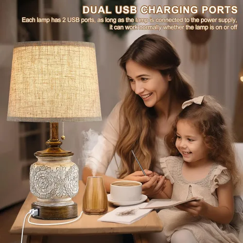 Miniatura 2 de Juego de 2 lámparas de mesa de noche estilo granja de 19.5 pulgadas, lámparas rústicas para mesita de noche de dormitorio con puertos USB, lámparas