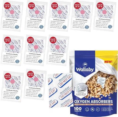 Wallaby Absorbentes de oxígeno de 400 cc para almacenamiento de alimentos a largo plazo, 100 unidades (10х paquetes de 10) a granel, paquetes de