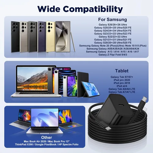 Miniatura 6 de Cargador súper rápido tipo C para Samsung Galaxy S26 Ultra, bloque de cargador USB C, paquete de 2 con 6TF+cable de carga rápida de 10 pies