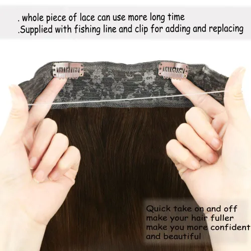 Miniatura 8 de Extensiones de cabello humano real, cabello lacio marrón chocolate de 12 pulgadas con alambre oculto y línea de pescado transparente
