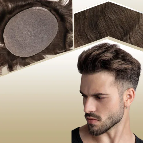 Tupé de cabello humano europeo para hombres, suave, completo, sistema de reemplazo de cabello de encaje suizo, 10 x 8 pulgadas, recto, #7, color #7