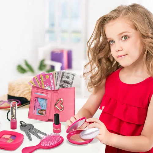Miniatura 6 de Bolso de niñas pequeñas, juego de maquillaje de simulación para niños de 3-5 y 4-6 años, bolsos para niños con accesorios, bolso de mano rosa, kit