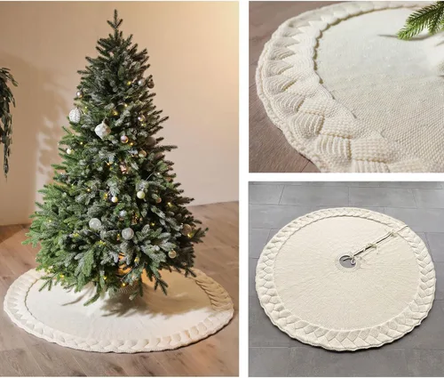 Miniatura 4 de NIBESSER Falda blanca para árbol de Navidad, falda de árbol de piel sintética de 48 pulgadas, alfombra de árbol de lentejuelas con plumas doradas