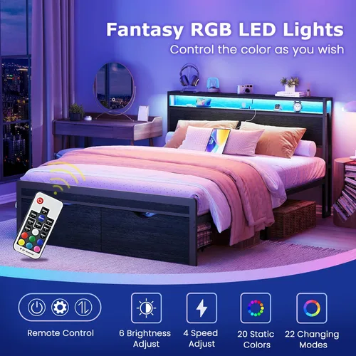 Miniatura 5 de FAVOOSTY Base de cama de tamaño matrimonial con cabecera de 2 niveles, plataforma de metal con 2 cajones de almacenamiento, luces LED y estación