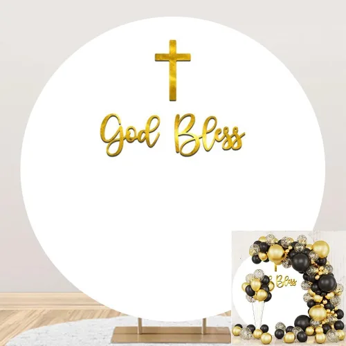 Leyiyi Telón de fondo redondo de 3 x 3 pies para fotografía con texto en inglés "God Bless Bautismo" para fotografía, blanco puro, palabras doradas,