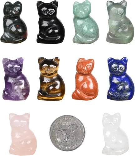 Justinstones Escultura de gato tallada de cristal de cuarzo, estatua de gato de animal gatito de 1.181 in, mini figura de gato sentado de cristal,