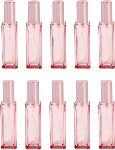Botellas de perfume de vidrio de 0.7 onzas líquidas, botellas vacías de perfume en aerosol rosa con tapa de oro rosa, recargable, portátil,
