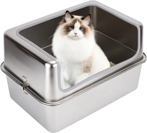 Cajas de arena de acero inoxidable para gatos con tapa de metal, bandeja grande de arena para gatos con recinto de pared alta - Libre de olores y