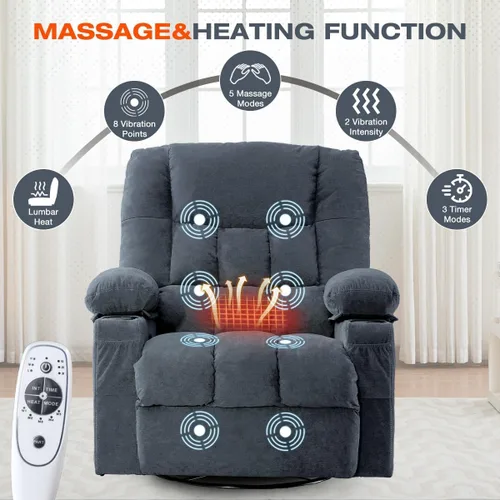 Miniatura 3 de Silla reclinable giratoria para adultos, reclinable mecedora con masaje por vibración y calor lumbar, mecedora ergonómica con bolsillo lateral, 2