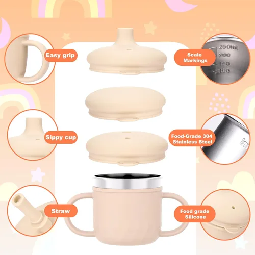 Miniatura 4 de BUSOHA Vasos para sorber de acero inoxidable, 3 en 1 de silicona para niños pequeños, vaso de paja para bebés con cepillo para niños con tapa