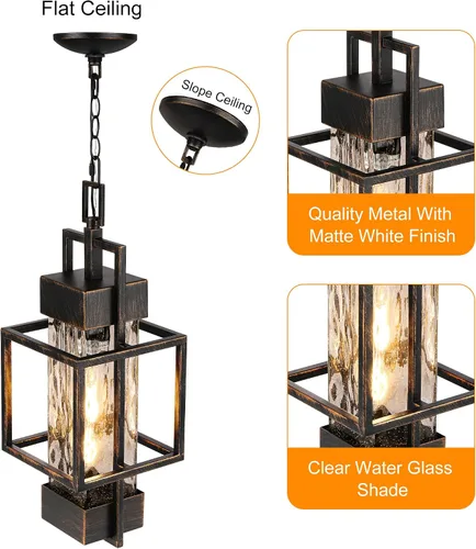 Miniatura 3 de Lámpara colgante de 15 pulgadas para interiores y exteriores, moderna lámpara de araña de metal negro para exteriores, lámpara de techo con vidrio
