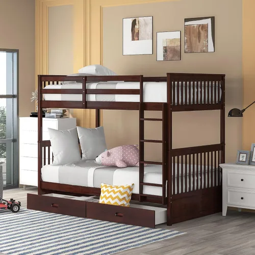 Miniatura 18 de Harper&Bright Designs - Litera individual sobre individual con barandilla de seguridad, escalera, cama nido individual con 3 cajones para niños