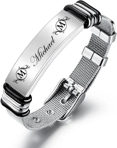 Regalos para hombres, pulseras personalizadas para hombres con pulsera de fotos, texto grabado, acero inoxidable, pulseras de identificación