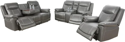Miniatura 7 de Juego de sofá reclinable de 3 piezas, muebles de sala de estar, tapicería de cuero de aire, puertos de carga USB 2.0, tiras de luz LED, mesa