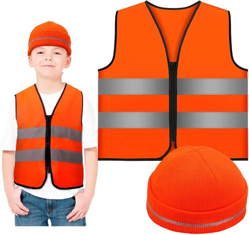 Miniatura 8 de Berlune Conjunto de 2 piezas de chaleco y gorro de caza para niños, ropa de caza reflectante, chalecos para senderismo nocturno al aire libre