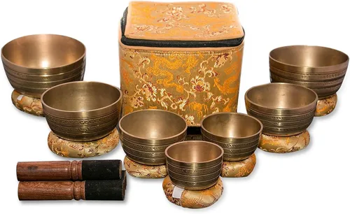 Juego de 7 cuencos tibetanos, cuenco de canto hecho a mano para meditación y sanación holística, accesorios de yoga, cuencos de latón de 7,6 a 12,7