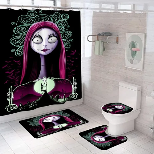 Miniatura 12 de Juego de 4 cortinas de ducha de Navidad para niños, decoración de Halloween con 12 ganchos de cortina para baño, impermeable, 71 x 71 pulgadas (D13)