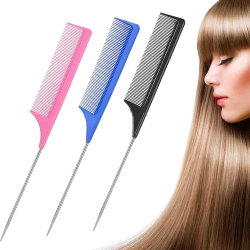 Miniatura 7 de Paquete de 3 peines de cola de rata, resistente al calor, peine de dientes finos de fibra de carbono para separación y burlas del cabello de cola