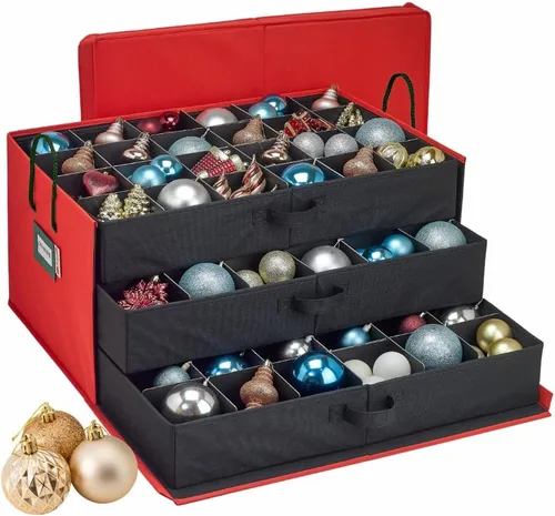 HOLDN' STORAGE Caja de almacenamiento de adornos navideños con divisores, capacidad para hasta 72 adornos (4 pulgadas), organizador grande con 3 Rojo
