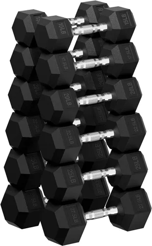 Miniatura 19 de HANDBODE Juego de mancuernas hexagonales de 45 a 640 libras, mancuernas de ejercicio y fitness con revestimiento de goma para gimnasio en casa