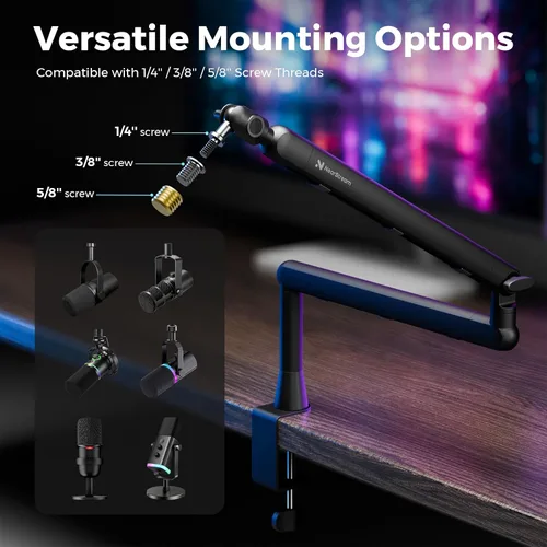 Miniatura 2 de NearStream Soporte de micrófono con adaptadores de 1/4", 3/8" y 5/8", brazo de micrófono ajustable con gestión de cables, elevador de 4.5", soporte
