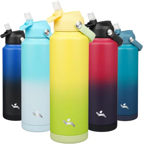 Miniatura 25 de Konokyo Botella de agua aislada con tapa de pajilla, botella de metal al vacío de acero inoxidable de 18 onzas con mango de silicona, color negro