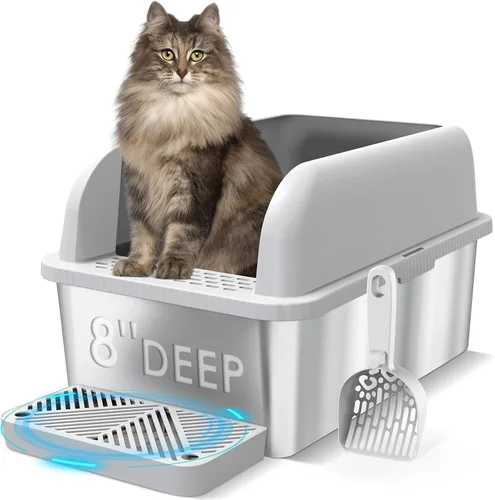 Suzzipaws Caja de arena para gatos de acero inoxidable de 8 pulgadas de profundidad con tapa, caja de arena extra grande para gatos grandes, bandeja