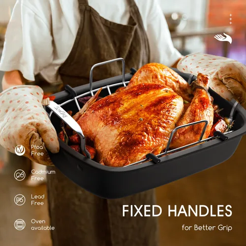 Miniatura 4 de Sartén antiadherente para asar pavos con estante, sartén para pavo de 17 x 13 pulgadas, sartén grande para carne y verduras, (plateado)