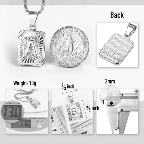 Miniatura 3 de Collar con colgante de letra inicial para hombre y mujer, chapado en oro blanco, cadena de acero inoxidable A-Z, 22 pulgadas de Trendsmax