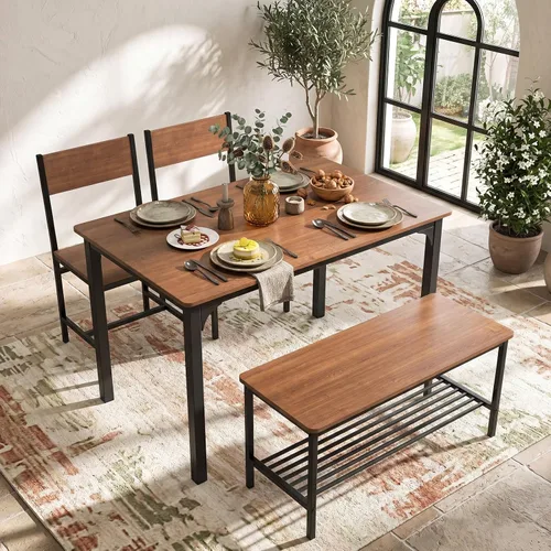 COSTWAY Dining Table Set for 4, Space-Saving Dining Room Table with Bench and 2 Chairs, Storage Rack & Anti-Slip Foot Pads, Industrial Kitchen Table