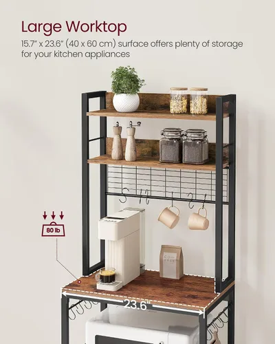 Miniatura 6 de VASAGLE Estante de panadería con toma de corriente, soporte para microondas, estante de almacenamiento alto de cocina, con panel de alambre