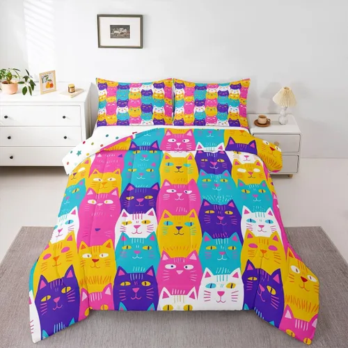 Miniatura 24 de Erosebridal Lindo juego de edredón de gato, tamaño individual, kawaii, fresa, juego de ropa de cama para niñas, diseño de arco iris, edredón rosa