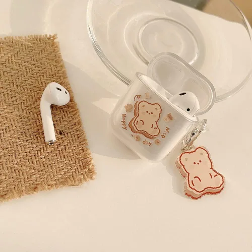 Miniatura 2 de Funda transparente para AirPods con llavero de oso, diseño de oso de dibujos animados, funda protectora completa de silicona compatible con AirPod 2