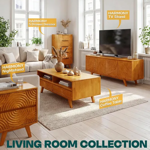 Miniatura 8 de Acacia Harmony - Mesa de centro de madera maciza de goma con cajones y almacenamiento abierto, 47.2 pulgadas de largo, mesas de centro perfectas