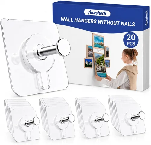 Perchas para cuadros sin clavos, perchas de pared sin uñas, 20 unidades de ganchos de pared adhesivos para colgar con impermeable y a prueba de