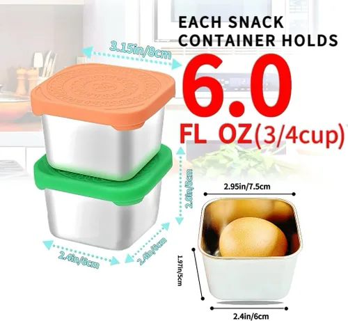 Miniatura 2 de HTEVW 6Pack 6oz Contenedores de aperitivos de acero inoxidable para niños, contenedores de aperitivos para niños de fácil apertura a prueba de fugas