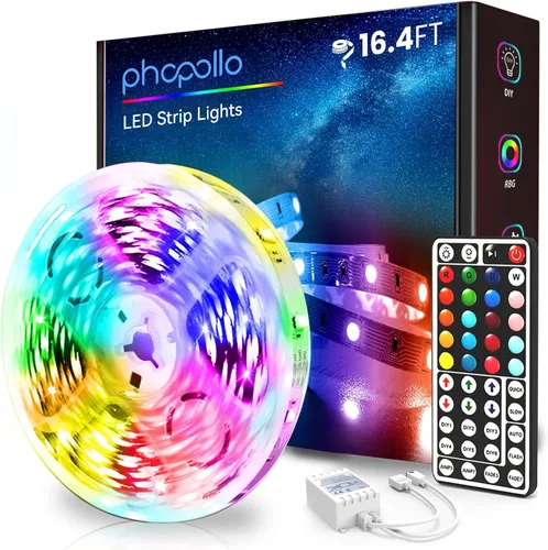phopollo Tira de luces LED que cambian de color, 16.4 pies, flexible, 5050 RGB, kit de luces LED con fuente de alimentación y control remoto de 44